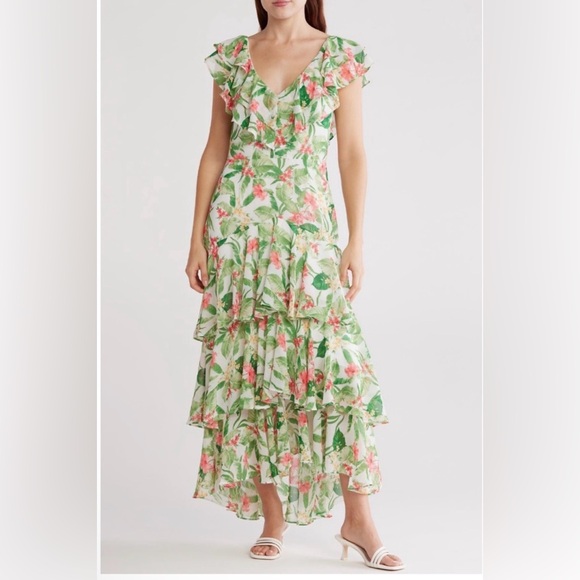 Wayf Dresses & Skirts - WAYF Chelsea Ruffle Tiered Tropical Floral Chiffon Lightweight Maxi Dress NWOT